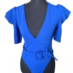 Royal Blue Belted Bodysuit with Puff Sleeves